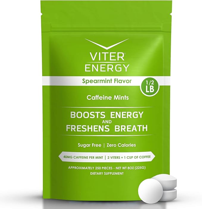 Viter Energy Caffeinated Mints 40mg Caffeine, B Vitamins, Sugar Free. (Spearmint, 8oz, Bulk Bag)