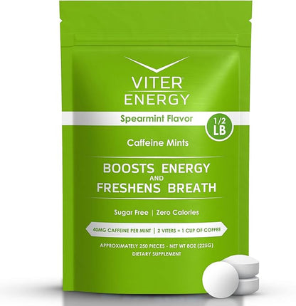 Viter Energy Caffeinated Mints 40mg Caffeine, B Vitamins, Sugar Free. (Spearmint, 8oz, Bulk Bag)