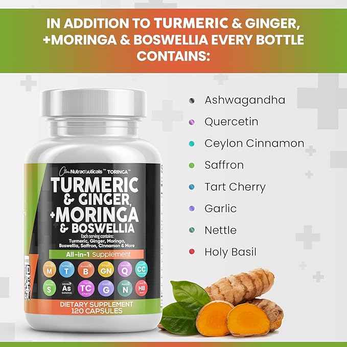 Turmeric Moringa Supplement | Ginger Boswellia Saffron - Supplement for Women and Men with Ceylon Cinnamon, Tart Cherry, Quercetin Garlic Nettle Holy Basil - 1Pack