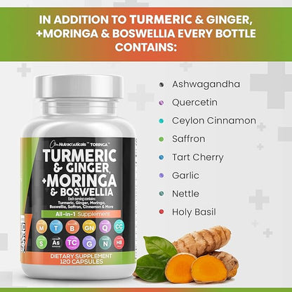 Turmeric Moringa Supplement | Ginger Boswellia Saffron - Supplement for Women and Men with Ceylon Cinnamon, Tart Cherry, Quercetin Garlic Nettle Holy Basil - 1Pack