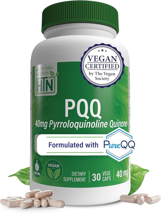 Health Thru Nutrition PQQ 40mg 30 Servings Pyrroloquinoline Quinone as PureQQ | Promotes Mitochondrial Biogenesis | Certified Vegan | Non-GMO Gluten Soy Free Capsules| Clean Label PQQ Supplement