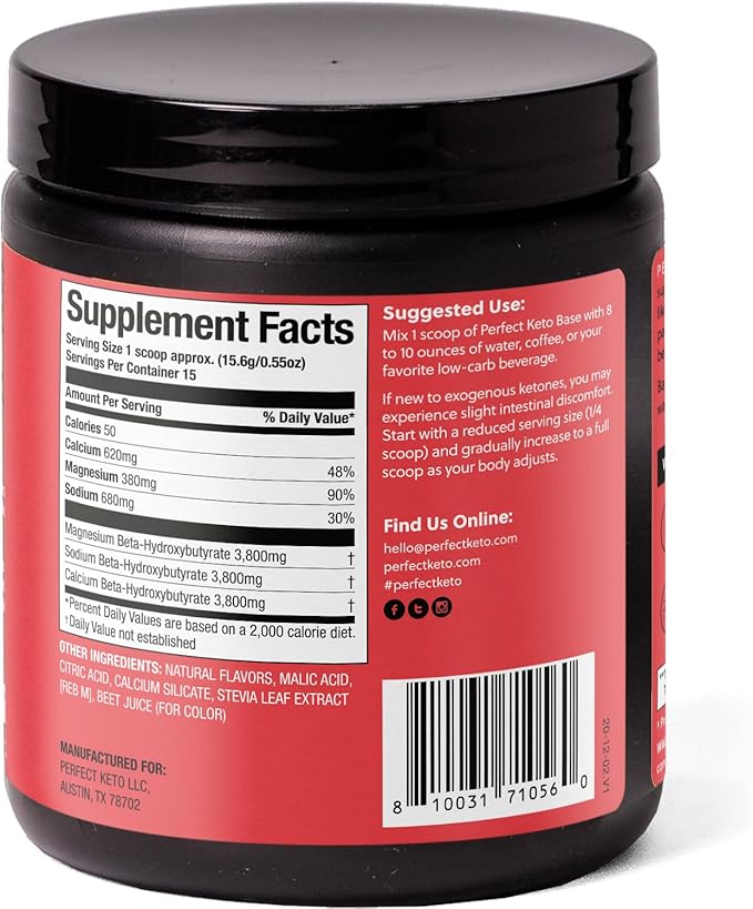 Perfect Keto Exogenous Ketones Powder, BHB Salts Supplement for Ketosis & Fasting, Electrolytes for Hydration, Caffeine Free Energy, Keto Diet, Focus & Workout Support, Strawberry Lemonade, 8.57 oz