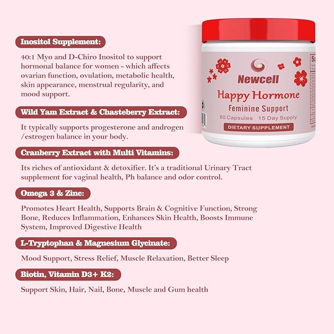 Upgrade Happy Hormones,Inositol Multivitamin & pcos supplements -w/Myo-Inositol,Magnesium Glycinate,D-Chiro Inositol,Omega 3,Vitamin D3,Zinc,Supports Hormone Balance and Women’s Health- 60 Capsules