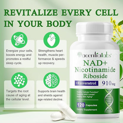 NAD+ Supplement 910mg - Liposomal Nicotinamide Riboside, Resveratrol, Quercetin, NAD Supplement Vitamin D3, Vitamin C - Cellular Energy, Repair and Aging for Men and Women, 120 Capsules