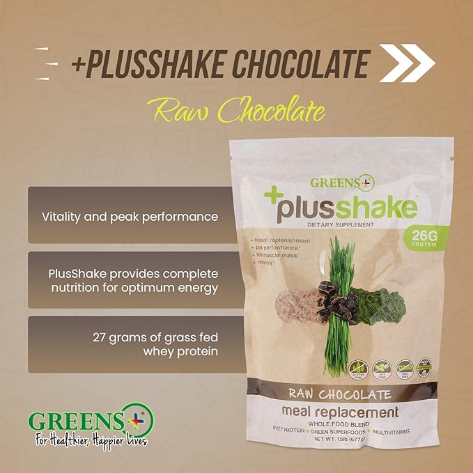 Greens+ PlusShake Raw Chocolate Grass Fed Whey Protein Powder - Meal Replacement | Non-GMO | Gluten & Soy Free | Dietary Supplement Superfood + Multi-Vitamins | 27g Protein | 1.5 lb Bag
