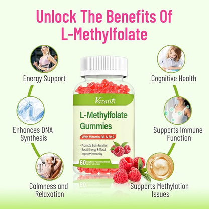 L-Methylfolate 15 mg Gummies with Methyl B12, Folate Supplement for Mood, Brain Health, Immune Support, Raspberry Flavor, 60 Count