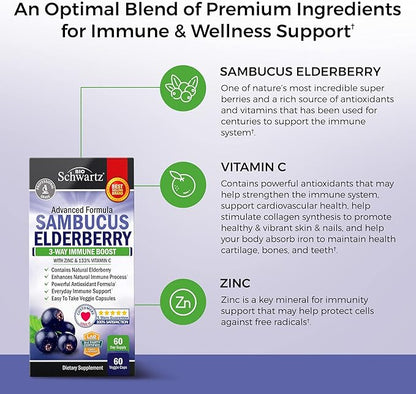 Elderberry with Zinc and Vitamin C for Adults - Immune Support Vitamins for Women and Men Natural Elderberries Black Sambucus Capsules - Immune Defense Multiminerals Supplement, Gluten-Free, 60 Ct