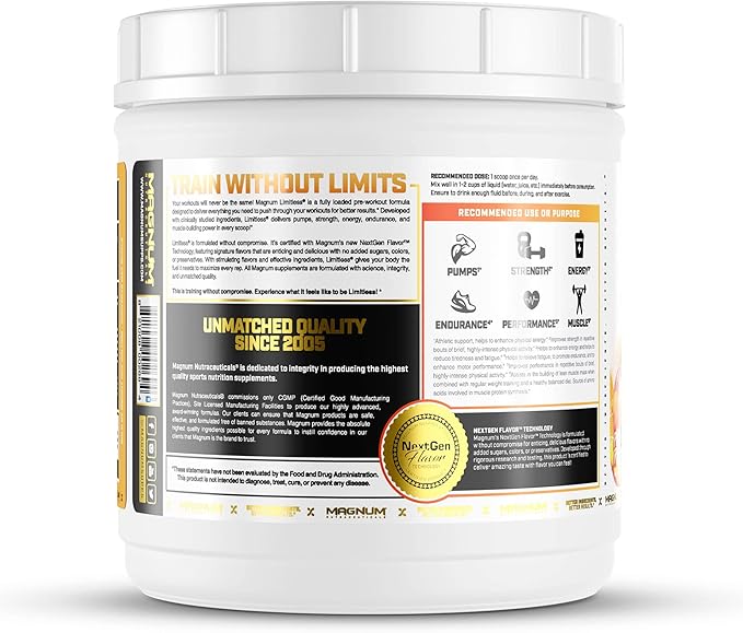 LIMITLESS Magnum 504g - Muscle Workout Powder, Sport Pre Workout for Men and Women, May Assist & Support Increase Energy, Focus, and Endurance - Peach Mango Rush