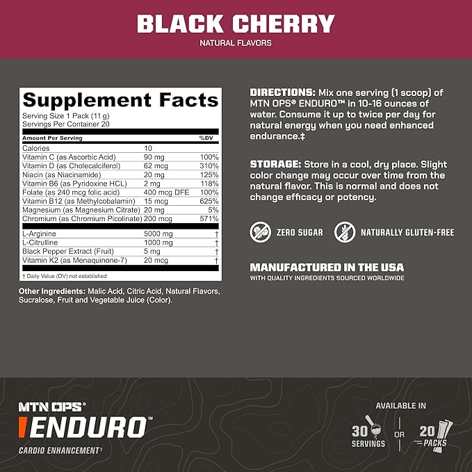 MTN OPS Enduro Trail Packs Nitric Oxide Supplement & Stim-Free Pre Workout - 20 Servings - with Magnesium Citrate, Beet Root Powder, Niacinamide, L Arginine & L Citrulline - Black Cherry Flavor