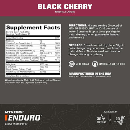 MTN OPS Enduro Trail Packs Nitric Oxide Supplement & Stim-Free Pre Workout - 20 Servings - with Magnesium Citrate, Beet Root Powder, Niacinamide, L Arginine & L Citrulline - Black Cherry