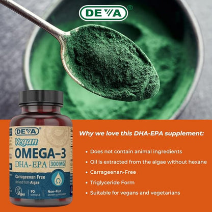 DEVA Vegan DHA-EPA Nutritional Supplement, Non-Fish Derived from Algae, 300 mg Potency, 90 Vegetarian Softgels - Pack of 2