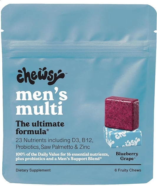 Chewsy Men's Multivitamin Chews, Immune & Energy Support, Vitamin A, B12, C, D3, E, Folic Acid, Probiotics, Saw Palmetto, Zinc, Adult Chewable Vitamin, Individually Wrapped Chews, 6-Day Supply (1)