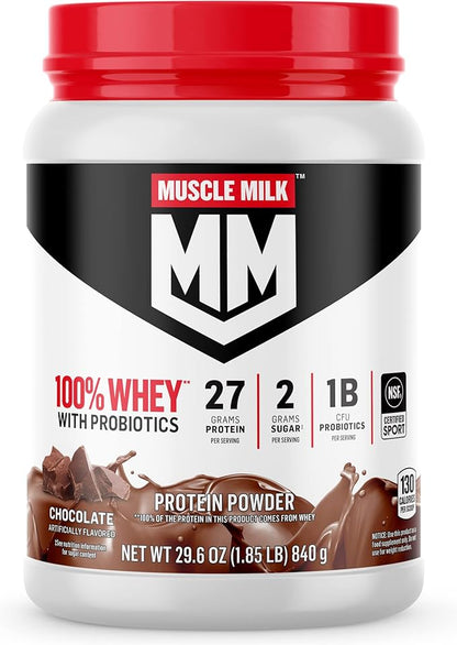 Muscle Milk 100% Whey With Probiotics Protein Powder, Chocolate, 1.85 Pound, 23 Servings, 27g Protein, 2g Sugar, 1B CFU Probiotics, Low in Fat, NSF Certified for Sport, Packaging May Vary