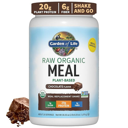 Garden of Life Meal Replacement Shakes, Vegan Protein Powder, Raw Organic Protein Powder, Chocolate Protein Powder with Plant Based Pea Protein, Sprouts, Greens, Probiotics, Dairy Free 28 Servings