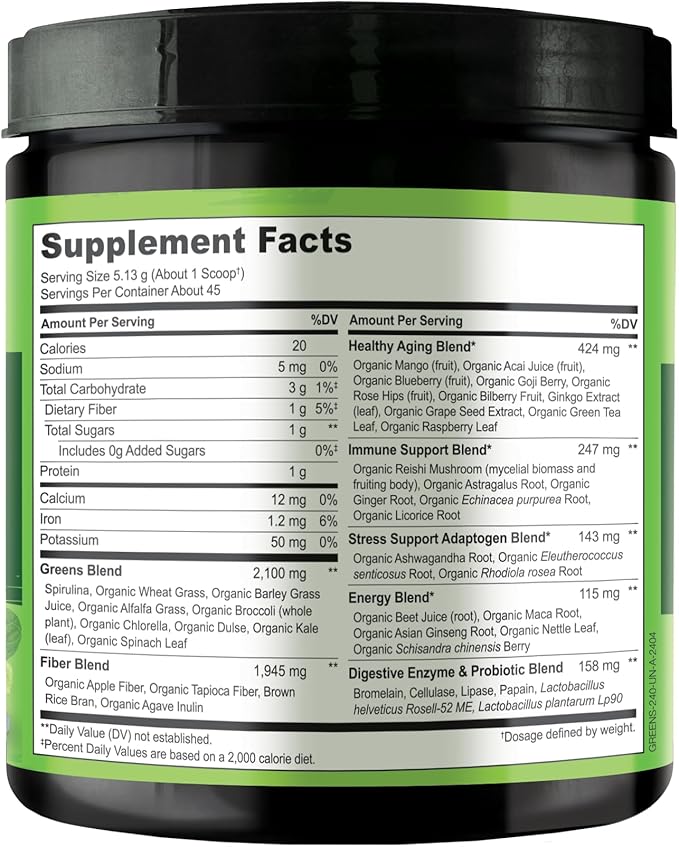 NATURELO Raw Greens Superfood Powder - Unsweetened - Boost Energy, Detox, Enhance Health - Organic Spirulina - Wheat Grass - Whole Food Nutrition from Fruits and Vegetables - 240 Grams