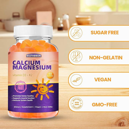 Calcium Magnesium Gummies for Adult: with Zinc Vitamin D3 K2 for Women Men Organic Sugar Free Vegan Chewable Gummy - High Absorption for Immune Strength（60count