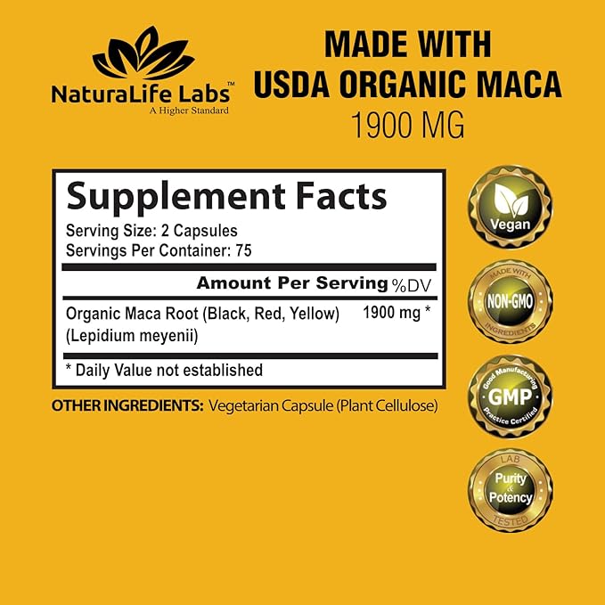 Organic Maca Root Black, Red, Yellow 1900 MG per Serving - 150 Vegan Capsules Peruvian Maca Root Gelatinized 100% Pure Non-GMO Supports Reproductive Health Natural Energizer