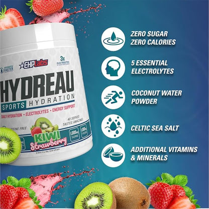 EHP Labs Hydreau Electrolytes Powder No Sugar - Hydration Powder for Endurance & Energy - Electrolyte Powder for Men & Women - Sugar Free Electrolytes - Kiwi Strawberry (40 Serves)