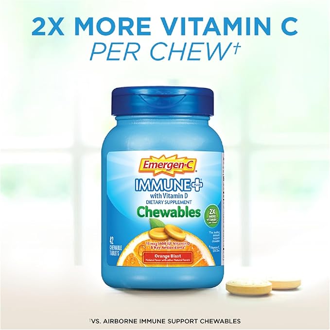 Emergen-C Immune+ Chewables 1000mg Vitamin C with Vitamin D Tablet, Immune Support Dietary Supplement for Immunity, Orange Blast Flavor - 42 Count