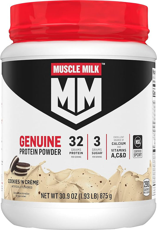 Muscle Milk Genuine Protein Powder, Cookies 'N Crème, 1.93 Pounds, 12 Servings, 32g Protein, 3g Sugar, Calcium, Vitamins A, C & D, NSF Certified for Sport, Energizing Snack, Packaging May Vary