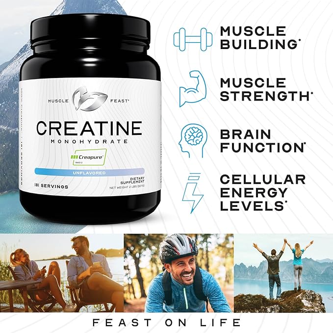 Muscle Feast Creapure Creatine Monohydrate Powder | Premium Pre-Workout or Post-Workout | Easy to Mix, Gluten-Free, Safe and Pure, (2lb, Unflavored)