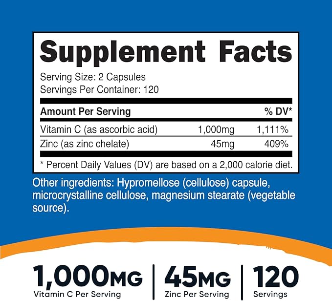 Nutricost Vitamin C with Zinc Supplement Capsules, 120 Servings - 1000mg Vitamin C, 45mg Zinc, Non-GMO, Gluten Free