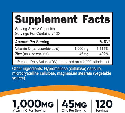 Nutricost Vitamin C with Zinc Supplement Capsules, 120 Servings - 1000mg Vitamin C, 45mg Zinc, Non-GMO, Gluten Free