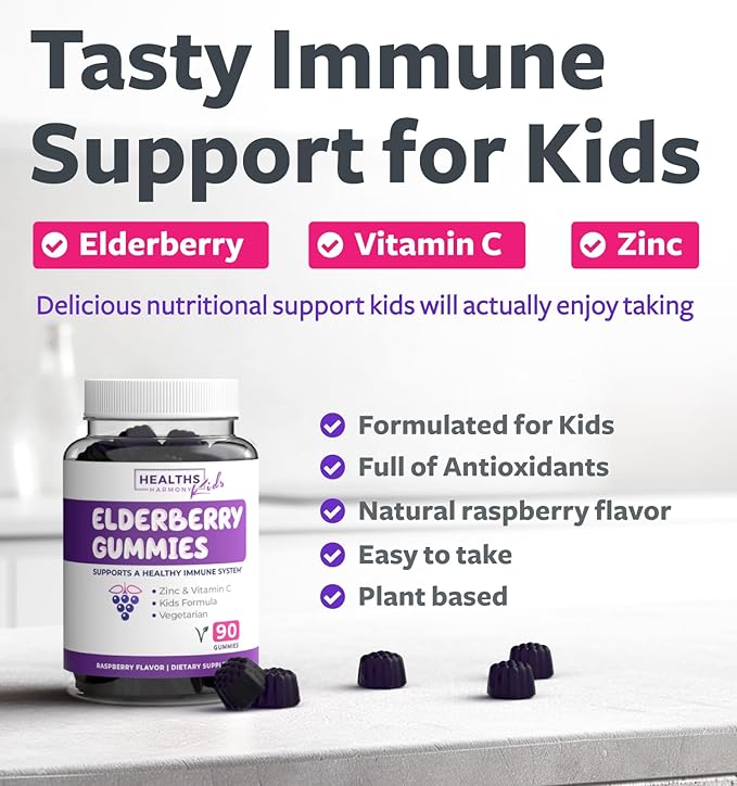 Elderberry Gummies for Kids with Vitamin C & Zinc (3 Months Supply) 90 Delicious Raspberry Flavor Gummy - Immune Support Supplement for Children - Vegetarian Sambucus Elderberry Gummies (No Pills)