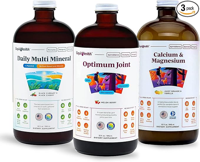 LIQUIDHEALTH Muscles, Bones, & Joints Liquid Vitamin Bundle with Daily Multi Mineral, Optimum Joint Liquid Glucosamine, and Calcium & Magnesium Supplements - Bone & Joint Health, Vegan, Non-GMO