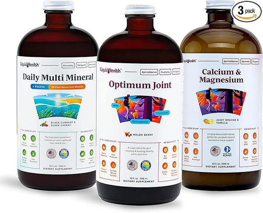 LIQUIDHEALTH Muscles, Bones, & Joints Liquid Vitamin Bundle with Daily Multi Mineral, Optimum Joint Liquid Glucosamine, and Calcium & Magnesium Supplements - Bone & Joint Health, Vegan, Non-GMO