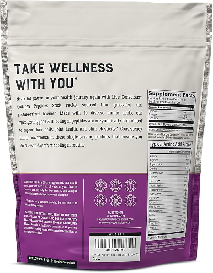 Live Conscious Collagen Peptides Powder Unflavored Packets - Hydrolyzed Collagen Powder - Hair, Skin, Nail, & Joint Support - Type I & III Grass-Fed Collagen Supplements for Women and Men - Pack of 20