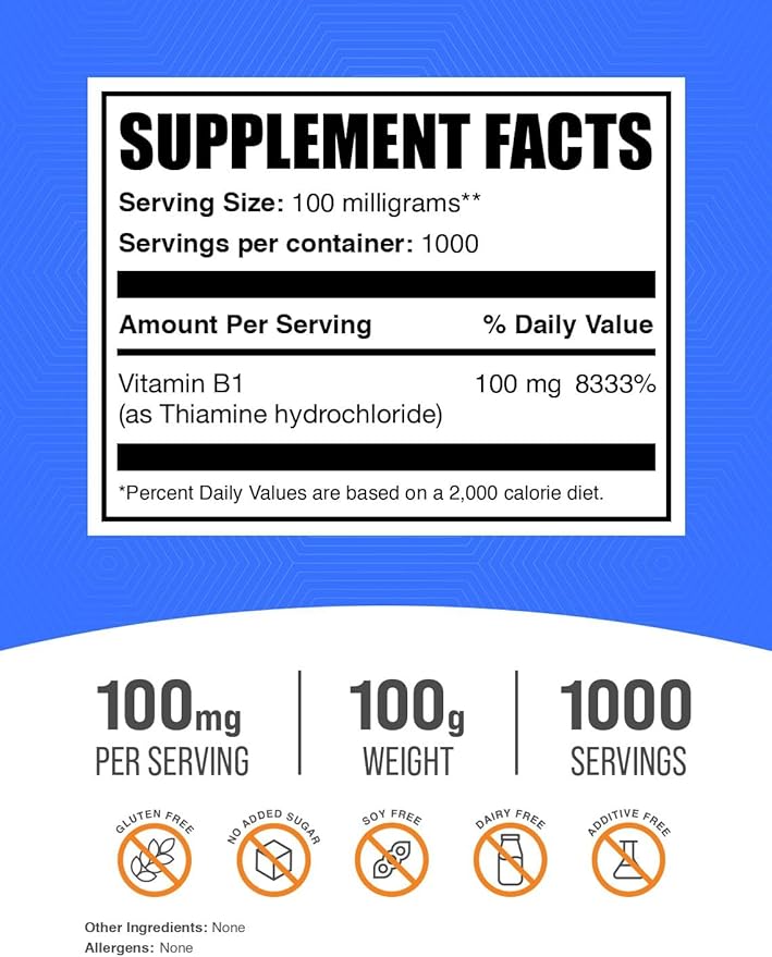 BulkSupplements.com Thiamine HCl Powder - Thiamine Hydrochloride, B1 Vitamins, Thiamine B1 Supplement, Thiamine 100mg - Gluten Free, 100mg per Serving, 100g (3.5 oz) (Pack of 1)