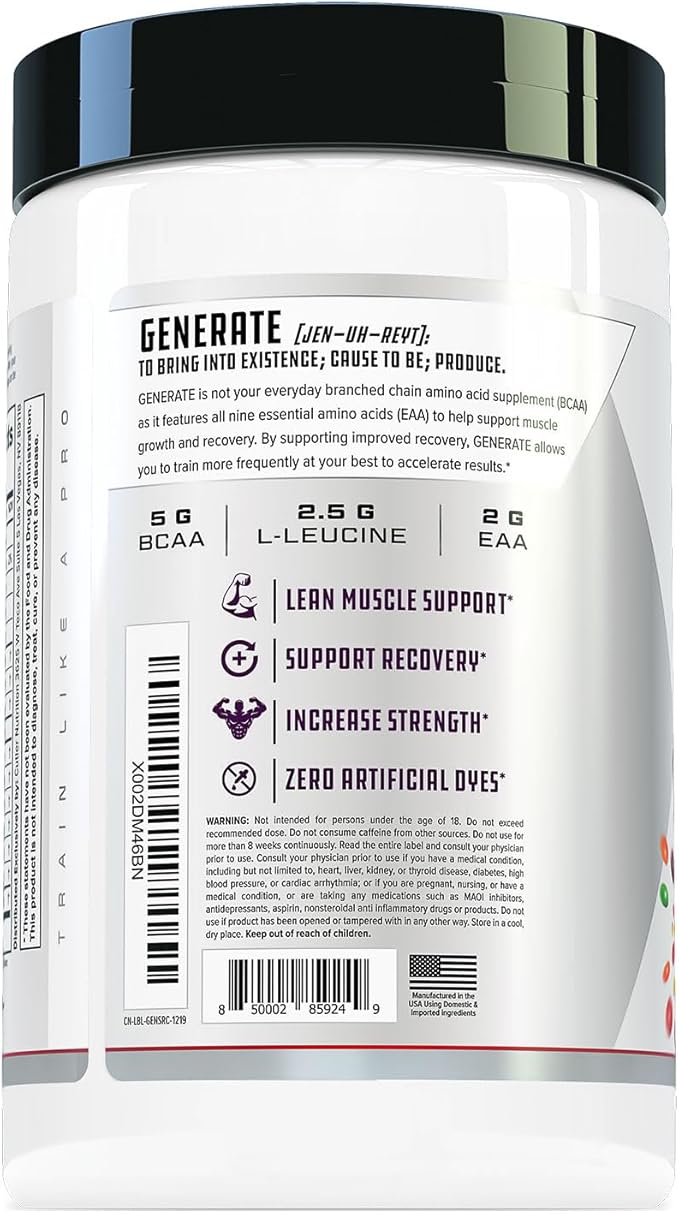 Cutler Nutrition Generate EAA and BCAA Powder: Best Branched Chain Amino Acids Supplement with Essential Amino Acids, 5g BCAAs, 2g EAAs for Lean Muscle Mass | Sour Rainbow Candy, 30 Servings