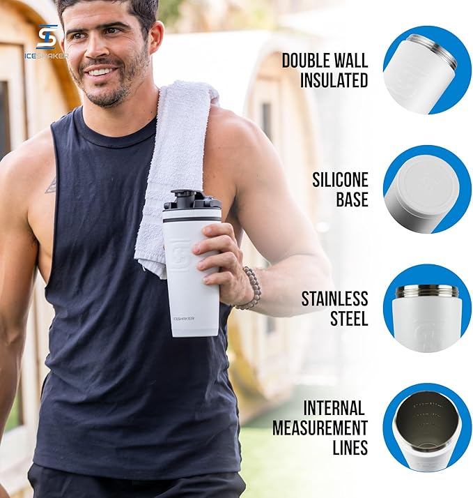 Ice Shaker Insulated Stainless Steel Shaker Bottle | 26oz, White | Cold for 30+ Hours | Insulated Cup with Twist-on Agitator | Odor-Free Shaker Cup for Protein Shakes, Water, Smoothies, Cocktails