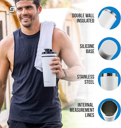Ice Shaker Insulated Stainless Steel Shaker Bottle | 26oz, White | Cold for 30+ Hours | Insulated Cup with Twist-on Agitator | Odor-Free Shaker Cup for Protein Shakes, Water, Smoothies, Cocktails