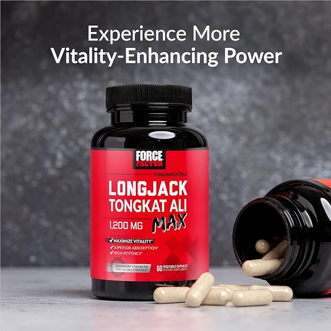 Force Factor Longjack Tongkat Ali Max for Men, Male Stamina and Vitality Supplement Made with Tongkat Ali Extract and Key Natural Ingredients for Superior Absorption, 1200mg, 60 Capsules