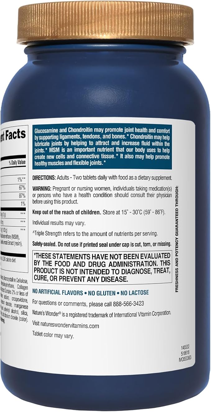 Nature's Wonder Triple Strength Glucosamine & Chondroitin with MSM and Hyaluronic Acid and Boswellia for Joint Health, Supports Joint Flexibility and Mobility, 45 Day Supply, 90 Tablets