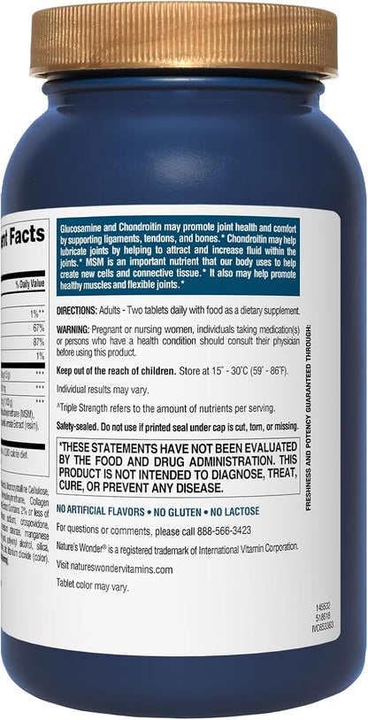 Nature's Wonder Triple Strength Glucosamine & Chondroitin with MSM and Hyaluronic Acid and Boswellia for Joint Health, Supports Joint Flexibility and Mobility, 45 Day Supply, 90 Tablets