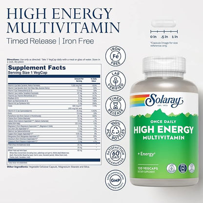 SOLARAY High Energy Multivitamin, No Iron, 1/Day, Timed-Release Formula, Whole Food & Herb Base 120 VegCaps