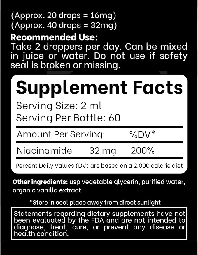 Liquid Vitamin B3 (as Niacinamide) Supplement - Non Flush Form of Niacin - Convenient Niacin Drops for Women and Men - 4 oz (120ml)