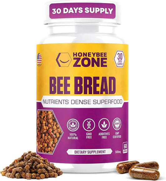 Bee Bread Supplement 100% Natural Raw Bee Bread in Veggie Caps Fermented Pollen Multivitamin, Probiotic Superfood, Vital Proteins, Amino Acids, Immune Support & Energy 60 Perga Capsules