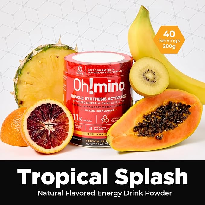 Oh!mino Amino Acid Energy Blend - Sugar-and-Stimulant-Free, Pre-Post Workout Powder, BCAA Amino Acids, Workout Recovery Drink, Muscle Synthesis Activator, Tropical Splash, 280 g, 40 Servings