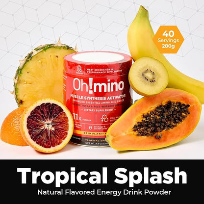 Oh!mino Amino Acid Energy Blend - Sugar-and-Stimulant-Free, Pre-Post Workout Powder, BCAA Amino Acids, Workout Recovery Drink, Muscle Synthesis Activator, Tropical Splash, 280 g, 40 Servings