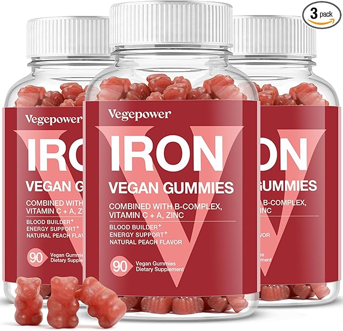 Iron Gummies Supplements for Women & Kids - Multivitamin with Iron for Blood Oxygen, Great Tasting Iron Gummy Vitamins with Vitamin C for Max Absorption - Vegan Iron Chewable, Peach Flavor(3 Packs)