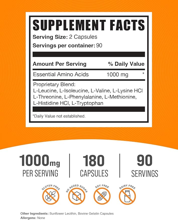 BulkSupplements.com Essential Amino Acids Capsules - EAA Capsules, EAAs Amino Acids Supplements, EAA 1000mg - Gluten Free, 2 Capsules per Servings, 180 Capsules (Pack of 1)