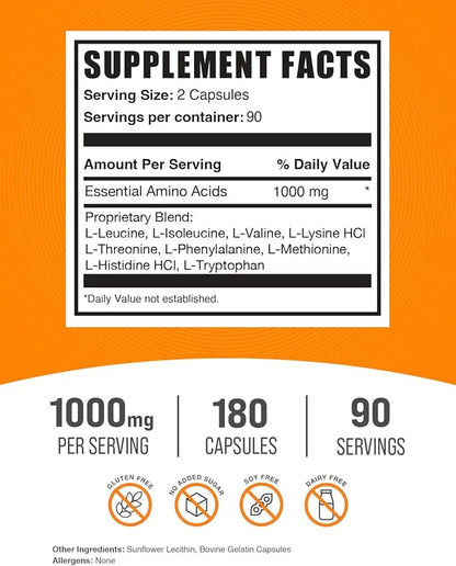 BulkSupplements.com Essential Amino Acids Capsules - EAA Capsules, EAAs Amino Acids Supplements, EAA 1000mg - Gluten Free, 2 Capsules per Servings, 180 Capsules (Pack of 1)