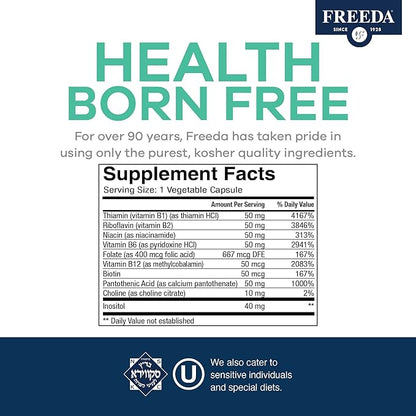 FREEDA Vitamin B Complex - Kosher Super B Complex Vitamin Supplement for Women & Men with Biotin, Vitamin B12, B1, B2, B3, B6, Folic Acid - Energy Metabolism Booster - Super Quints B-50 (250 Capsules)