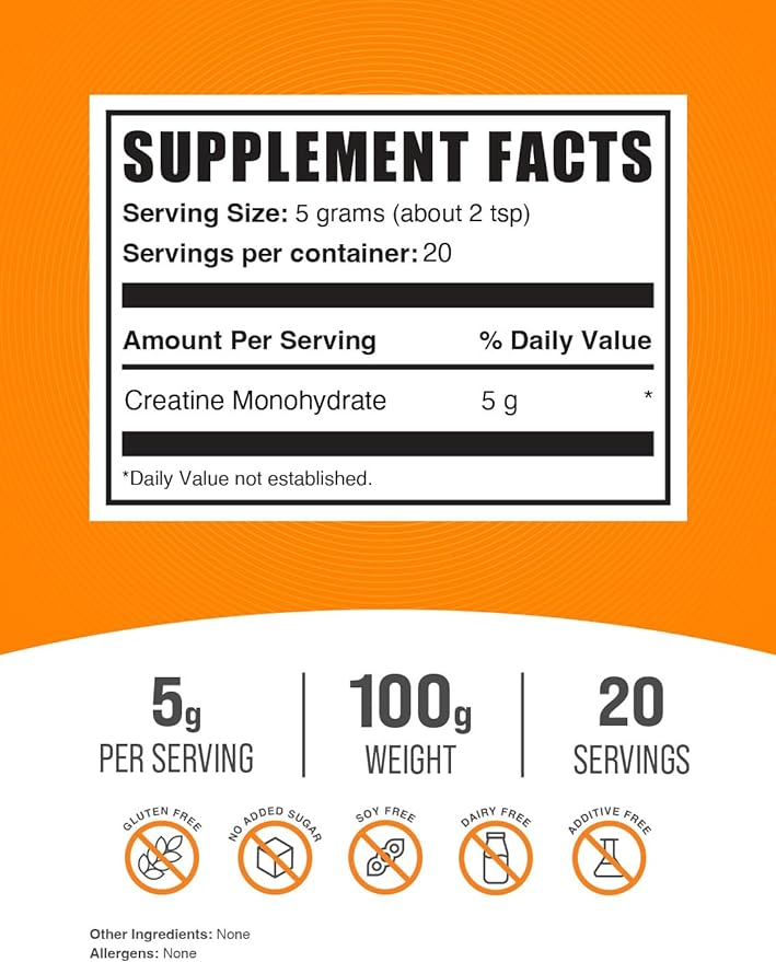 BulkSupplements.com Creatine Monohydrate Powder - Creatine Supplement, Micronized Creatine, Creatine Powder - Unflavored & Gluten Free, 5g (5000mg) per Servings, 100g (3.5 oz) (Pack of 1)