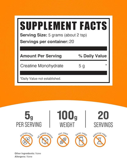 BulkSupplements.com Creatine Monohydrate Powder - Creatine Supplement, Micronized Creatine, Creatine Powder - Unflavored & Gluten Free, 5g (5000mg) per Servings, 100g (3.5 oz) (Pack of 1)