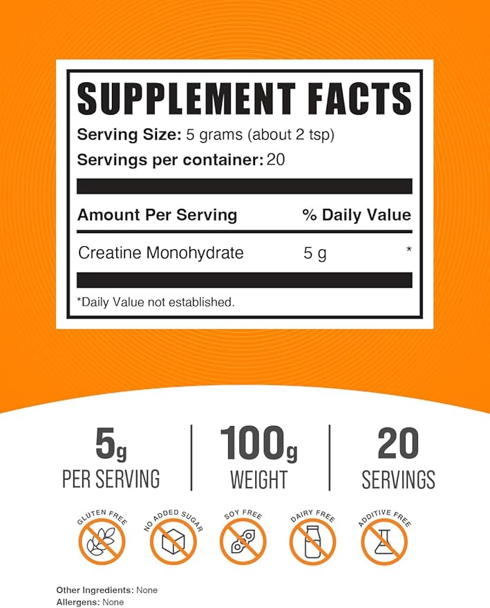 BulkSupplements.com Creatine Monohydrate Powder - Creatine Supplement, Micronized Creatine, Creatine Powder - Unflavored & Gluten Free, 5g (5000mg) per Servings, 100g (3.5 oz) (Pack of 1)